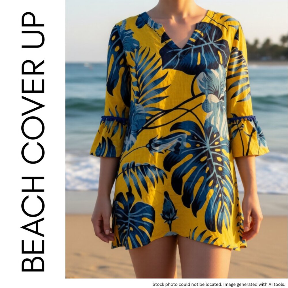 Azucar Women’s Large Yellow Blue Tropical Monstera Leaf Swim Coverup